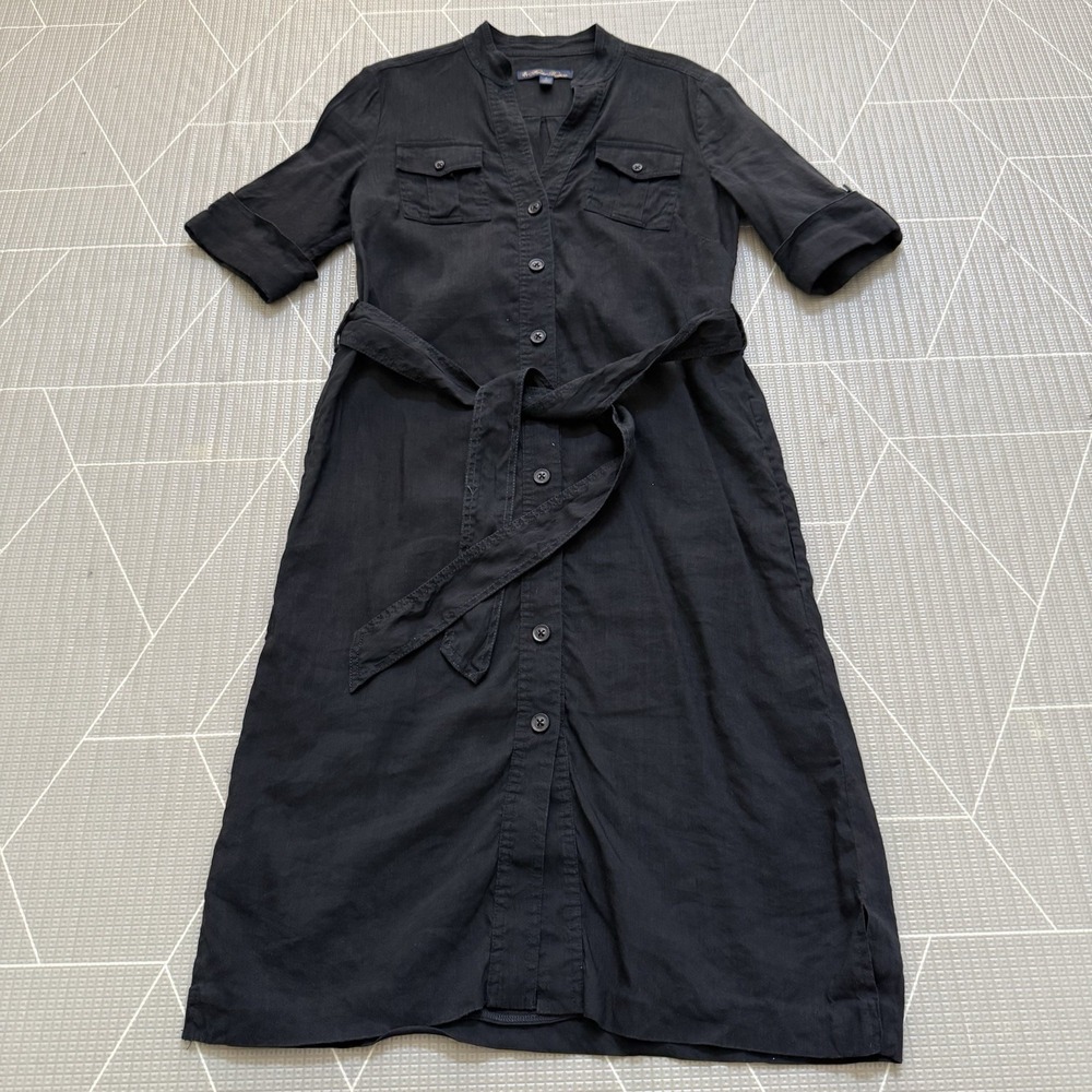 Brooks Brothers Utility Shirt‎ Dress 4 Black Linen Stretch Belted Quiet Luxury